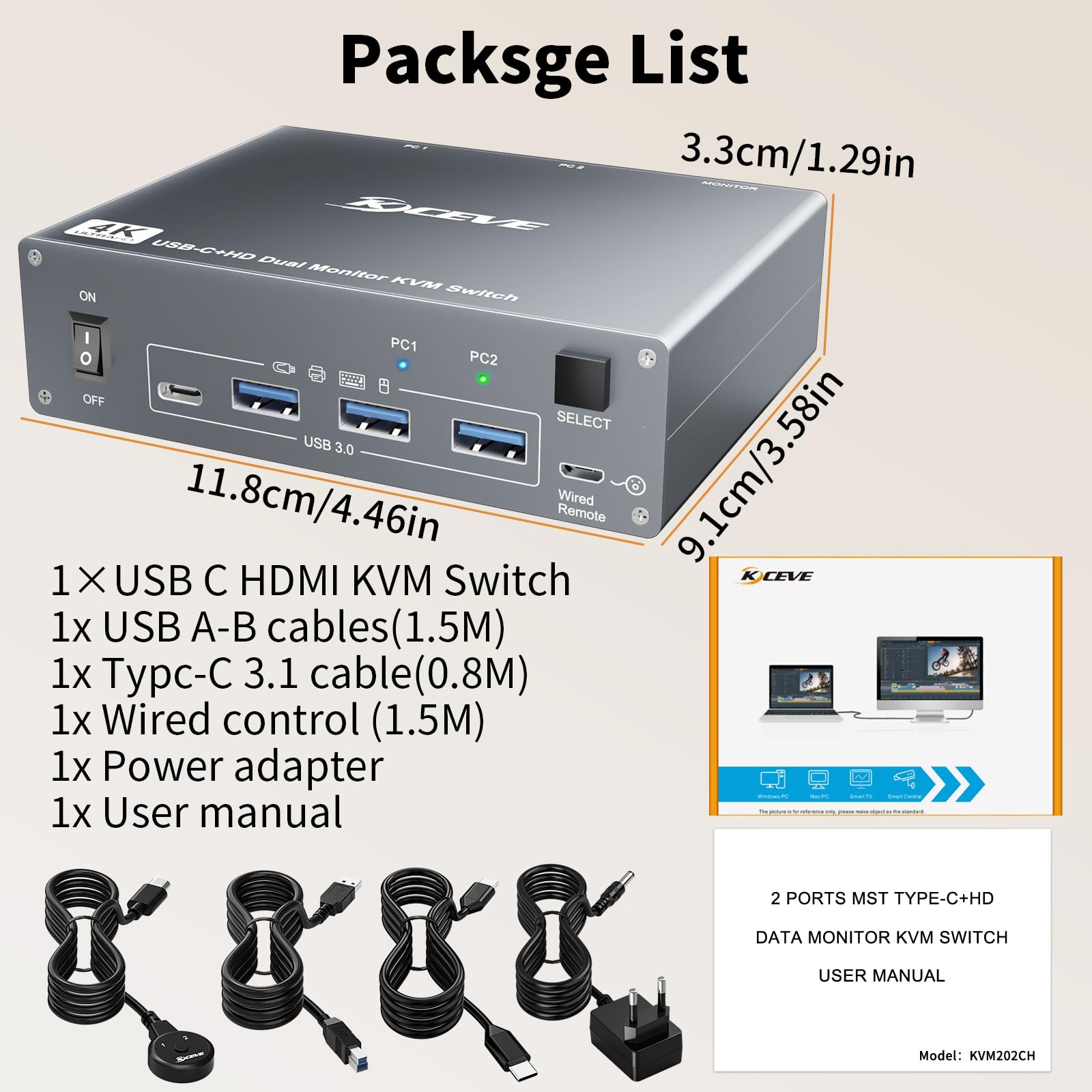 Przełącznik KVM 4K 60Hz USBC HDMI KVM 2 PC 2 monitory do 1 laptopa i 1 komputera stacjonarnego, podwójny monitor KVM przełącznik z 4 portami USB 3.0, ładowanie 73 W PD, z pilotem zdalnego sterowania