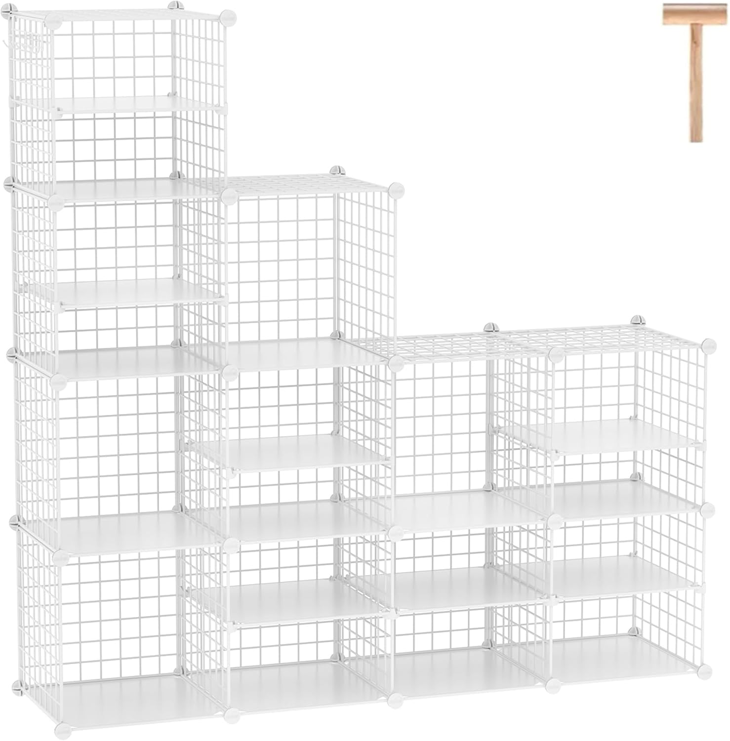 C&AHOME Wire Cube Storage Unit, Interlocking Metal Wire Organizer with Divider Design, Modular Cabinet with Plastic Panels, Bookshelf Stackable Closet Organizer with Small Hooks, White UWCSIM3512W