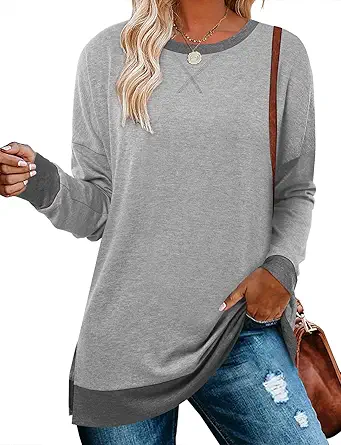 BETTE BOUTIK Women's Drop Long Sleeve Sweatshirts Casual Crewneck Tunic Tops Sweartshirts With Side Slits S-3XL