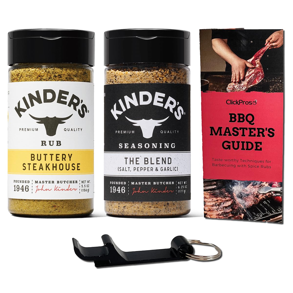 Kinders BBQ Rub Seasoning 2 PK Bundle (20 oz) I Includes Buttery Steakhouse Rub and Seasoning, Kinder's The Blend Seasoning Salt, Pepper and Garlic + BBQ Guide & Opener (4 Items)!