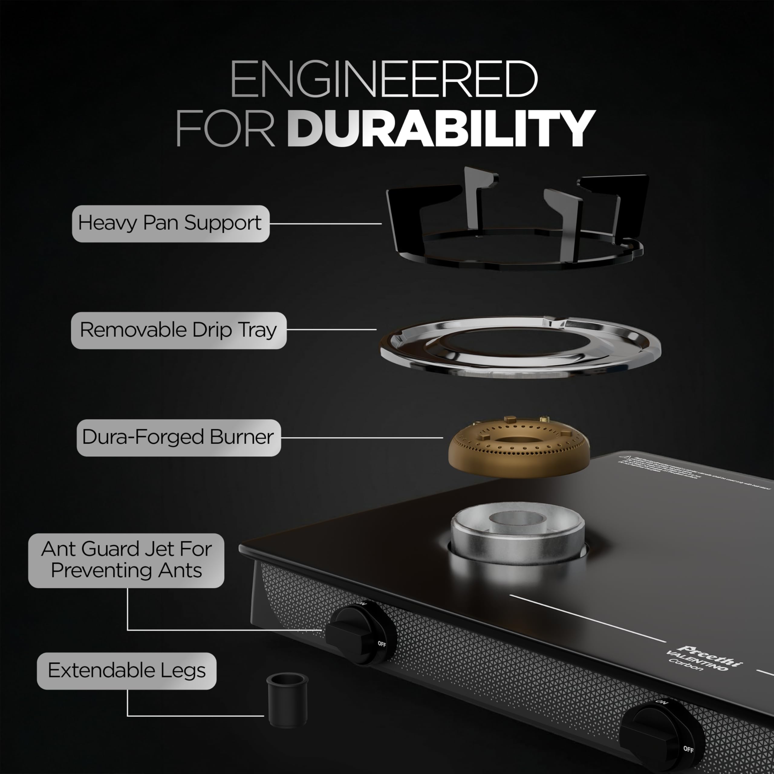 Preethi Valentino Glass Top 3 Burner Gas Stove