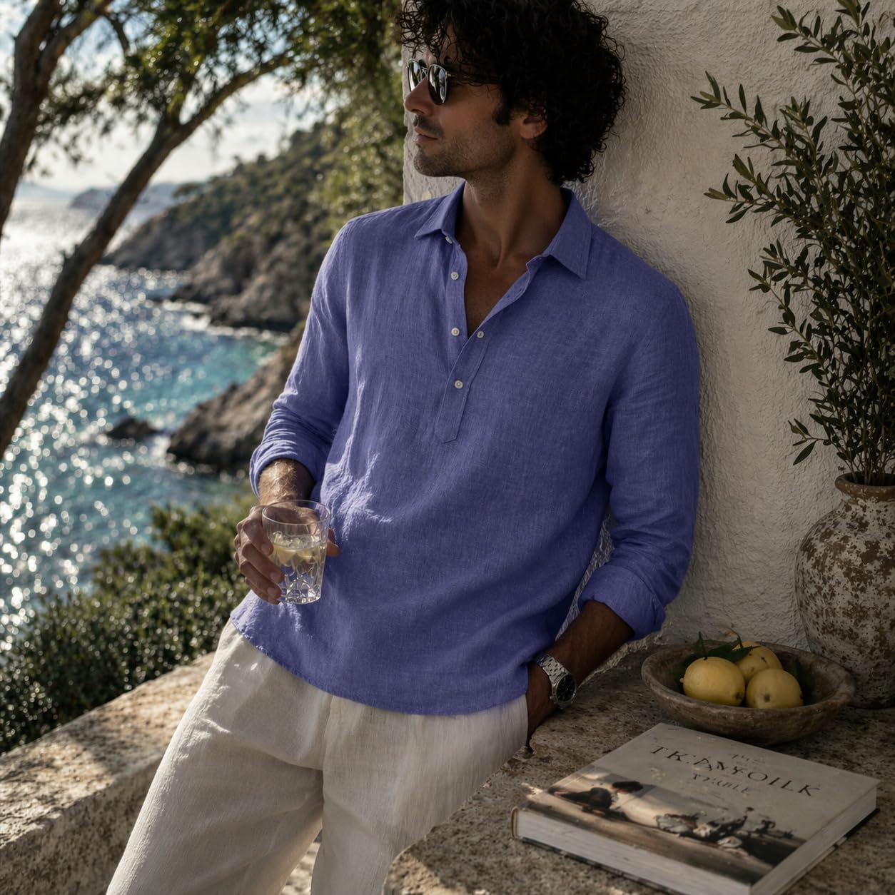 Camisa de Lino para Hombre, Manga Larga con Media Tapeta, Estilo Casual Transpirable para Verano y Playa, Camisa Ligera de Diseño Minimalista
