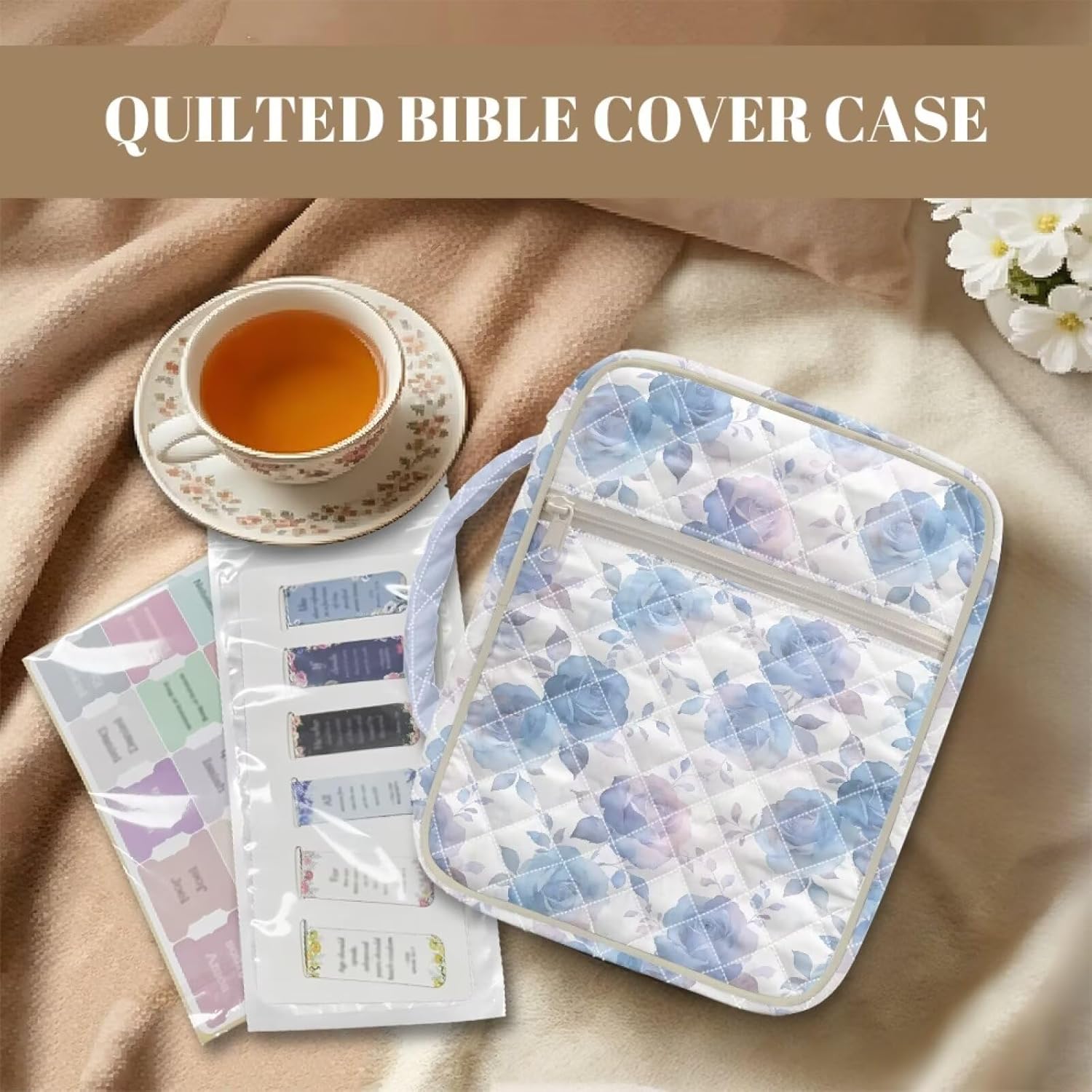 Rnyleeg Blue Rose Bible Tote Bags for Women Organizer Quilted Girls Bible Cover Washable Bibles Accessories Kit for Bibles Highlighters, Pens, Notebooks, Journal Cover De Biblia para Mujer