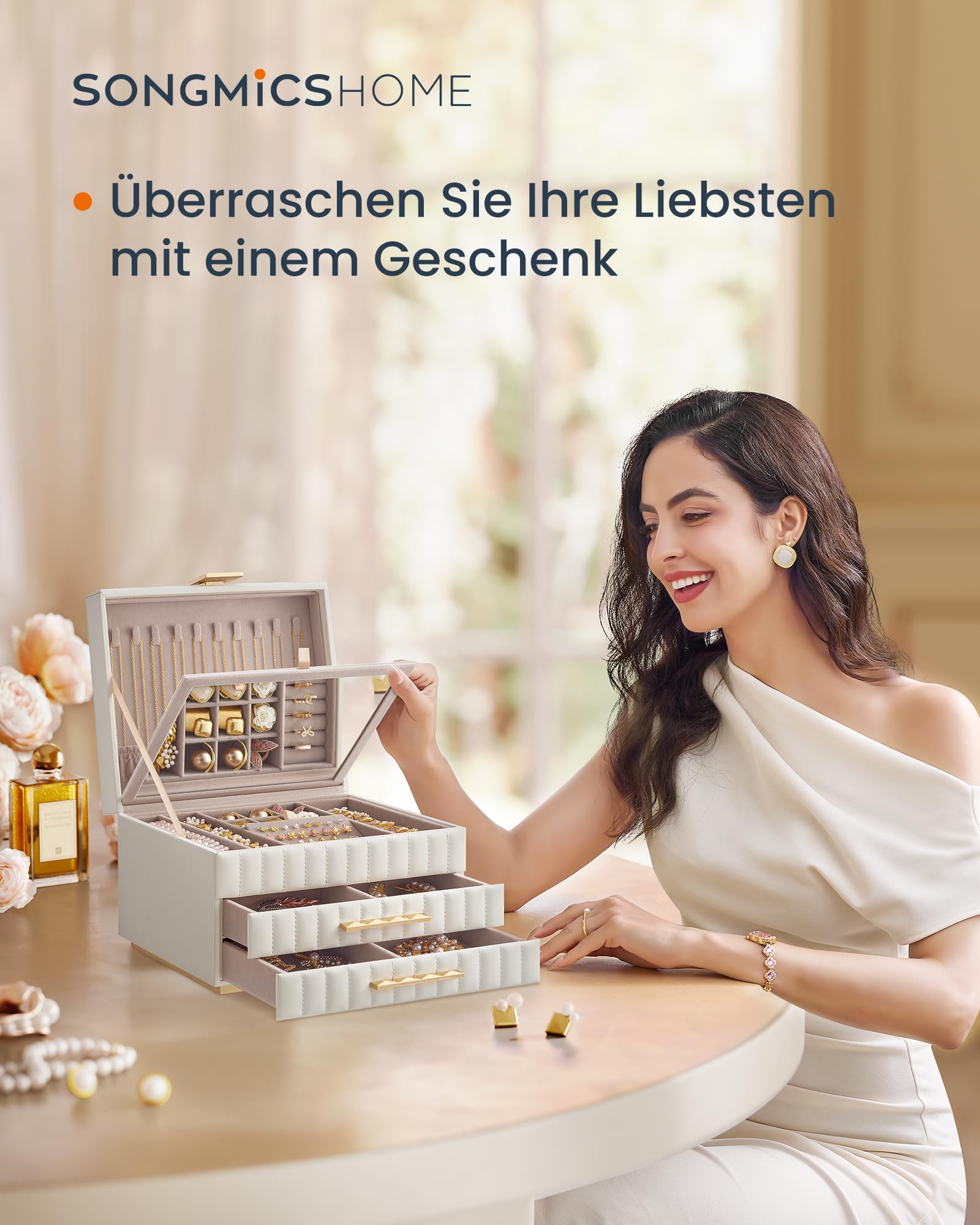 SONGMICS HOME Schmuckkästchen 3 Ebenen, mit Spiegel, 24 x 21,5 x 15,8 cm | Schmuckbox, 2 Schubladen, PU mit Nähten, Schwebe-Effekt, Geschenkidee, wolkenweiß, ANAH Kollektion JBC183W01