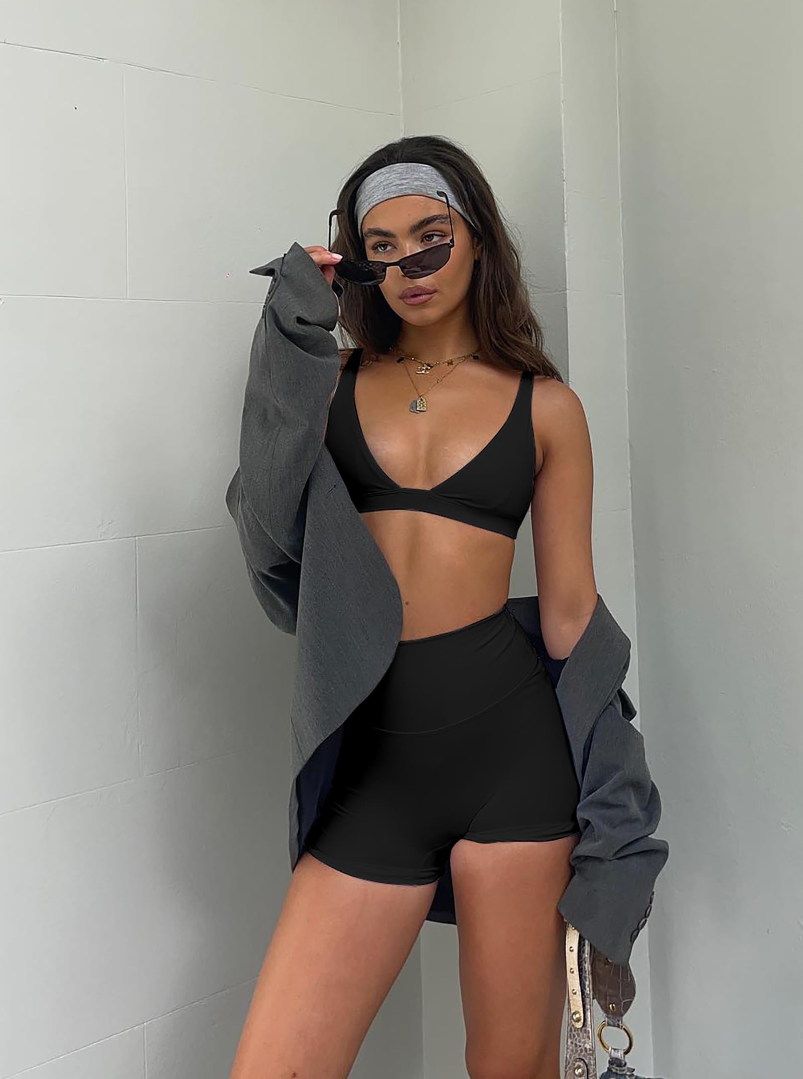 Set da allenamento in due pezzi per donna, a vita alta, leggings da palestra, yoga, pantaloncini e reggiseni sportivi, abiti da 2 pezzi