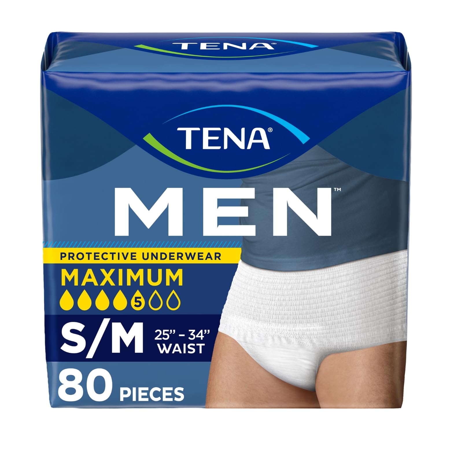 Tena Men Maximum Incontinence Underwear, White, S/M 25-34in, 80 ct