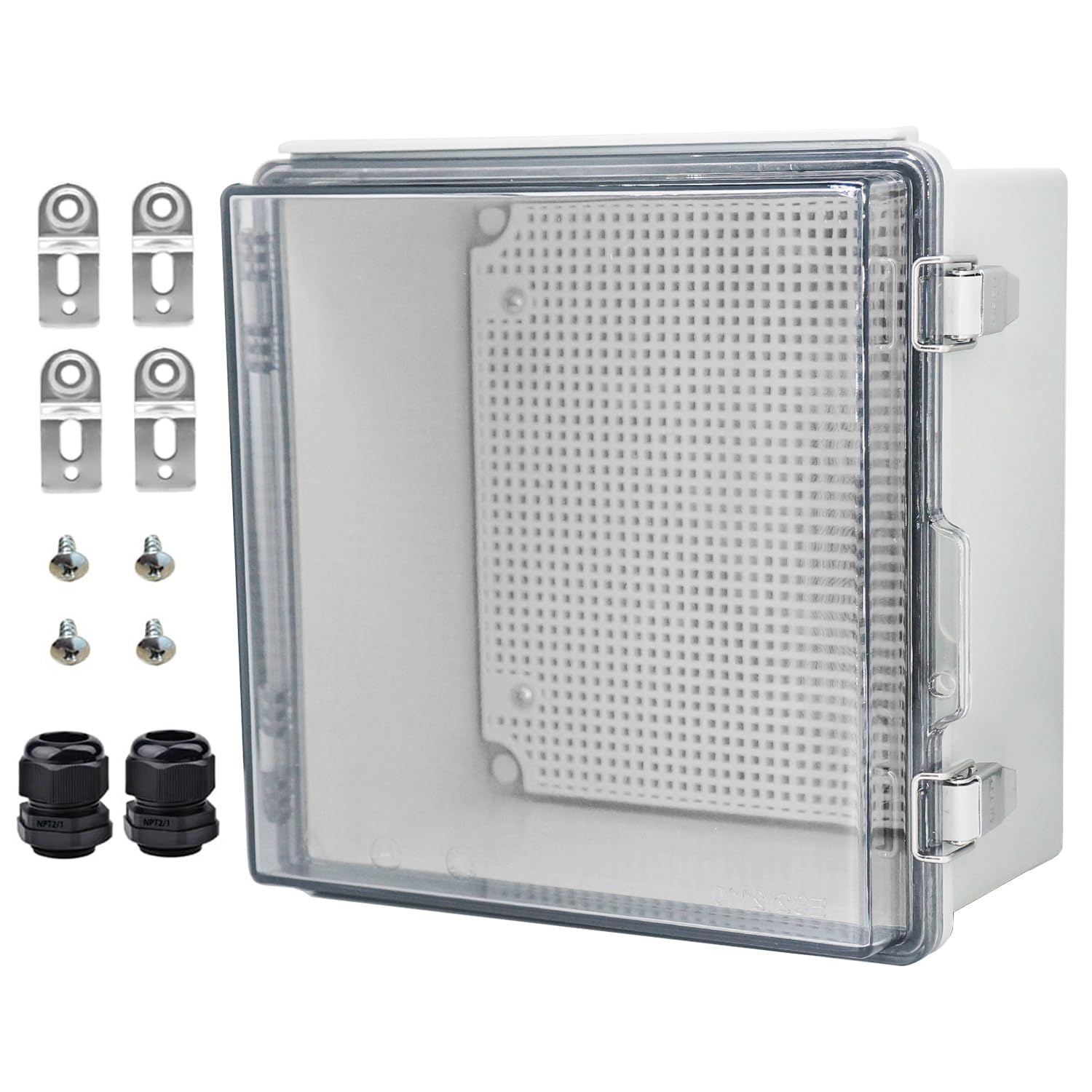 YETLEBOX Waterproof Electrical Box with Mounting Plate, IP67 Junction Box Stainless Steel Latch Hinged Clear Cover Project Enclosure with Wall Bracket