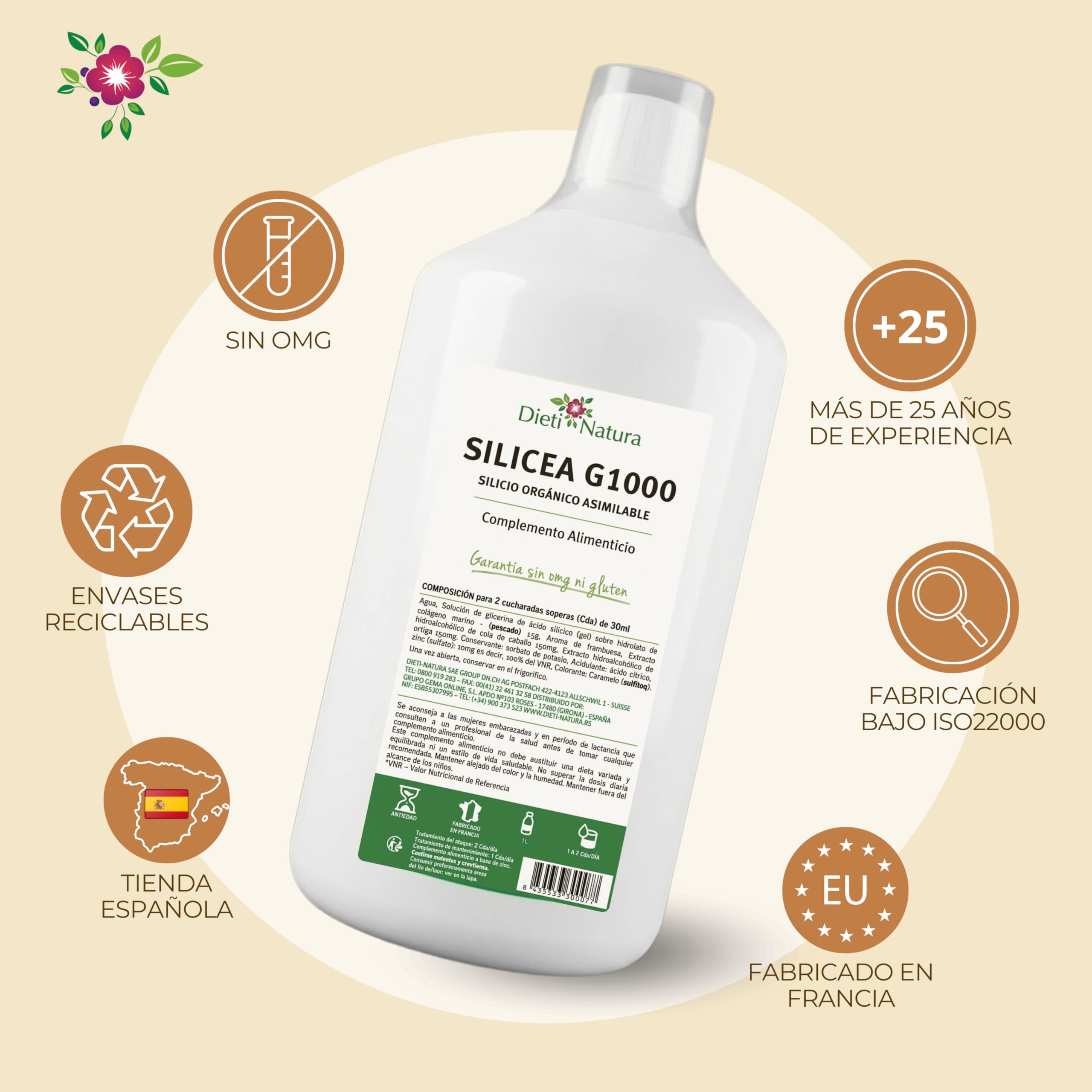 Dieti Natura Silicea G1000 1L Sabor Frambuesa para Articulaciones y Colágeno - Silicio Orgánico Bebible Alta Absorción para Huesos, Cartílago y Piel - Silicio Orgánico 100% Asimilable