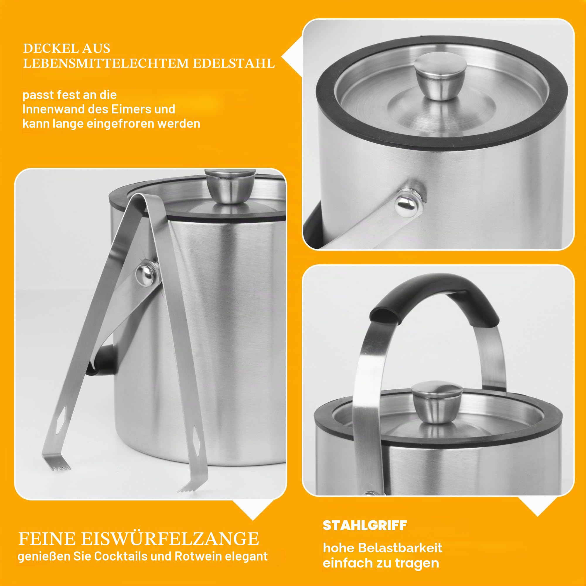 1.6 L Eisbehälter, Eisbehälter aus Edelstahl 1.6 L, Edelstahl-Eiskübel, doppelwandig, doppelwandiger isolierter Eisbehälter für Eiswürfel, ideal zum Kühlen von Bier, Champagner, Wein und Obst (1.6L)
