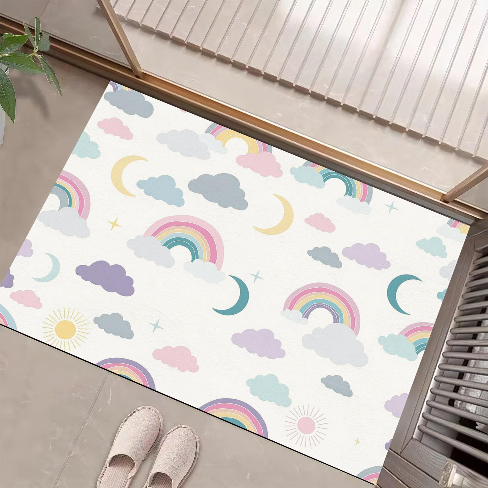Alfombra Entrada Antideslizante, Arcoíris, Nubes Y Luna Felpudo Entrada Casa Estilo De Chica Soñadora Alfombrilla Perfil Bajo, Absorbente, Fácil de Limpiar para Puerta, Pasillo, Oficina, 80x120cm