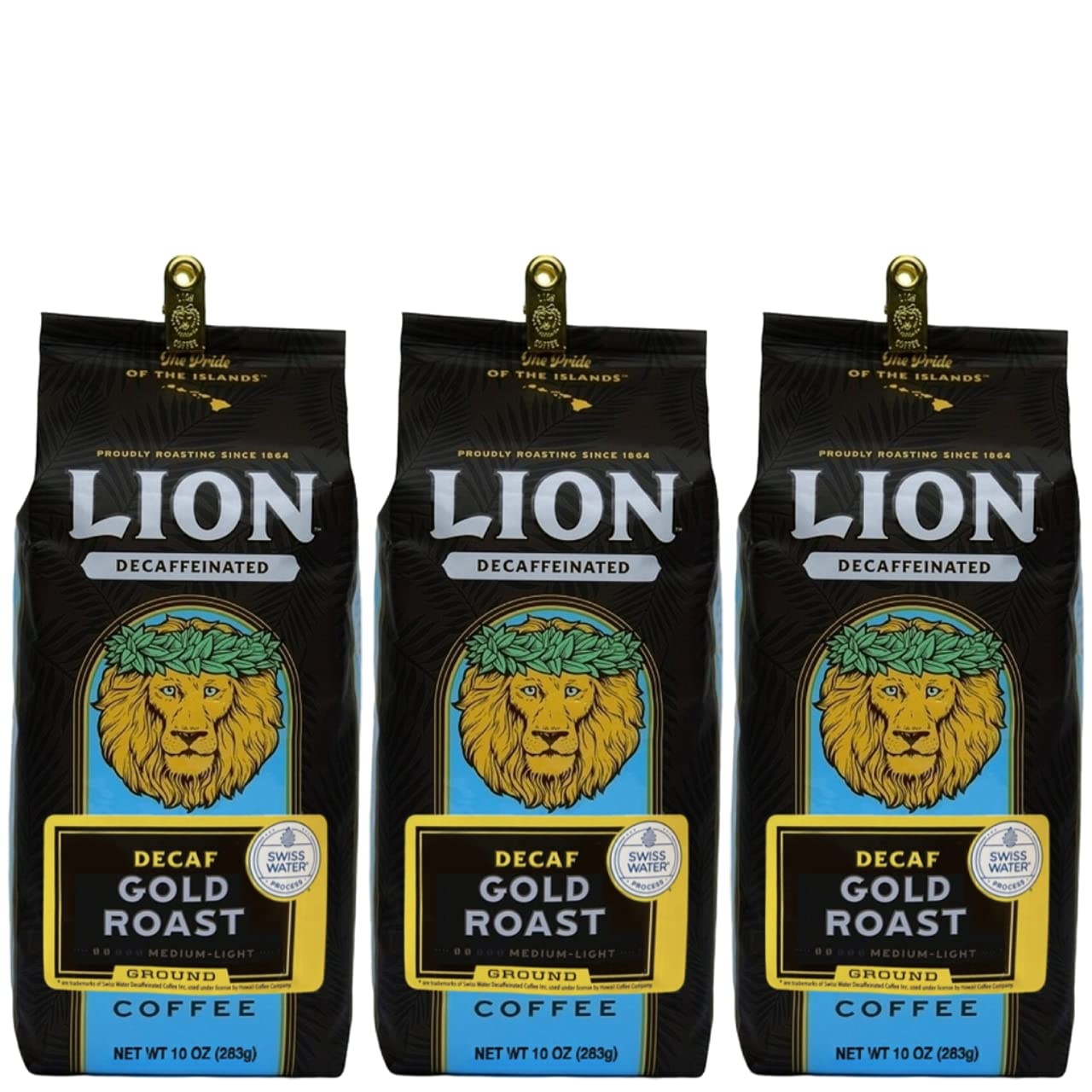 Lion Coffee, Swiss Water DECAF, Gold Roast, Ground, 10 Ounce Bag (Pack of Three)