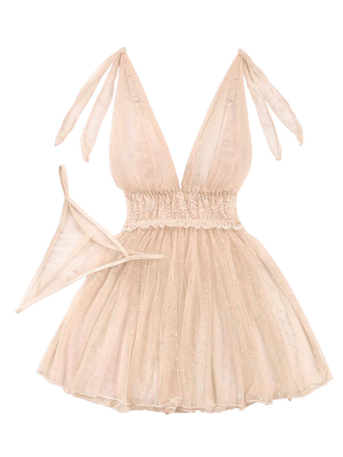 Lilosy Sexy Polka Dots Mesh Sheer Lace Babydoll Chemise Lingerie Set Floral Sleep Wear: Small Beige