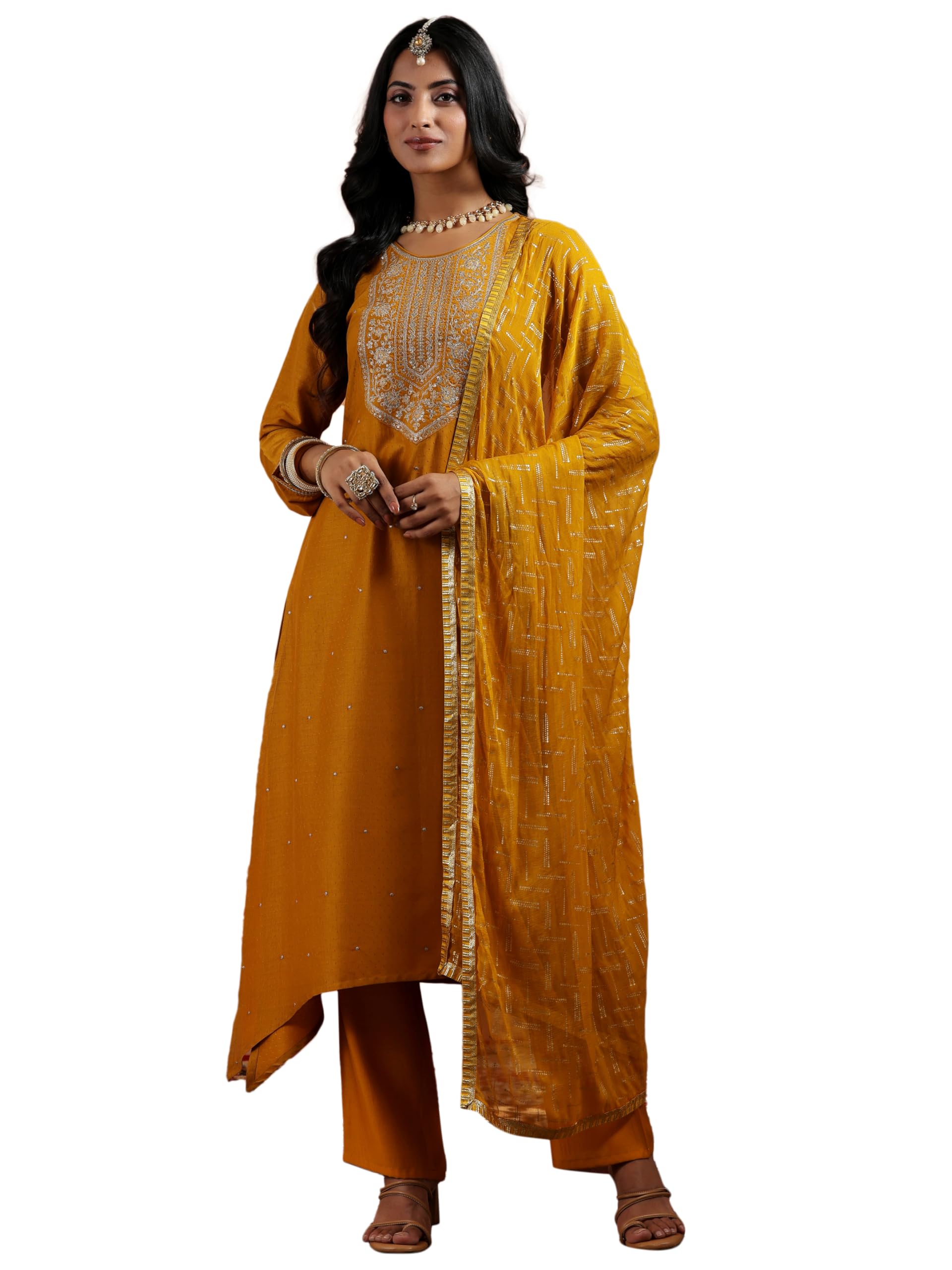 gerua by libas Womens Embroidered Silk Blend Straight Kurta With Trousers and Dupatta-picture-19