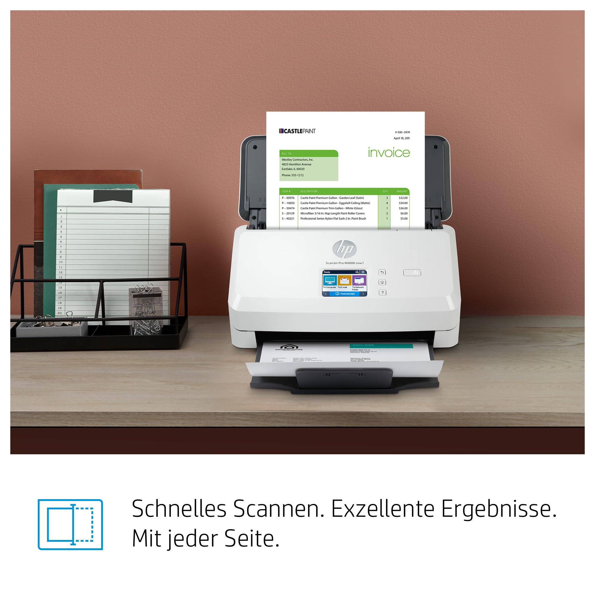 HP ScanJet Pro N4000 snw1, Scanner, Einzelblattzufuhr, 50-Blatt ADF, Ethernet, USB 3.0, Wi-Fi, bis zu 4.000 Seiten täglich, Kurzbefehle, Farbiger Touchscreen