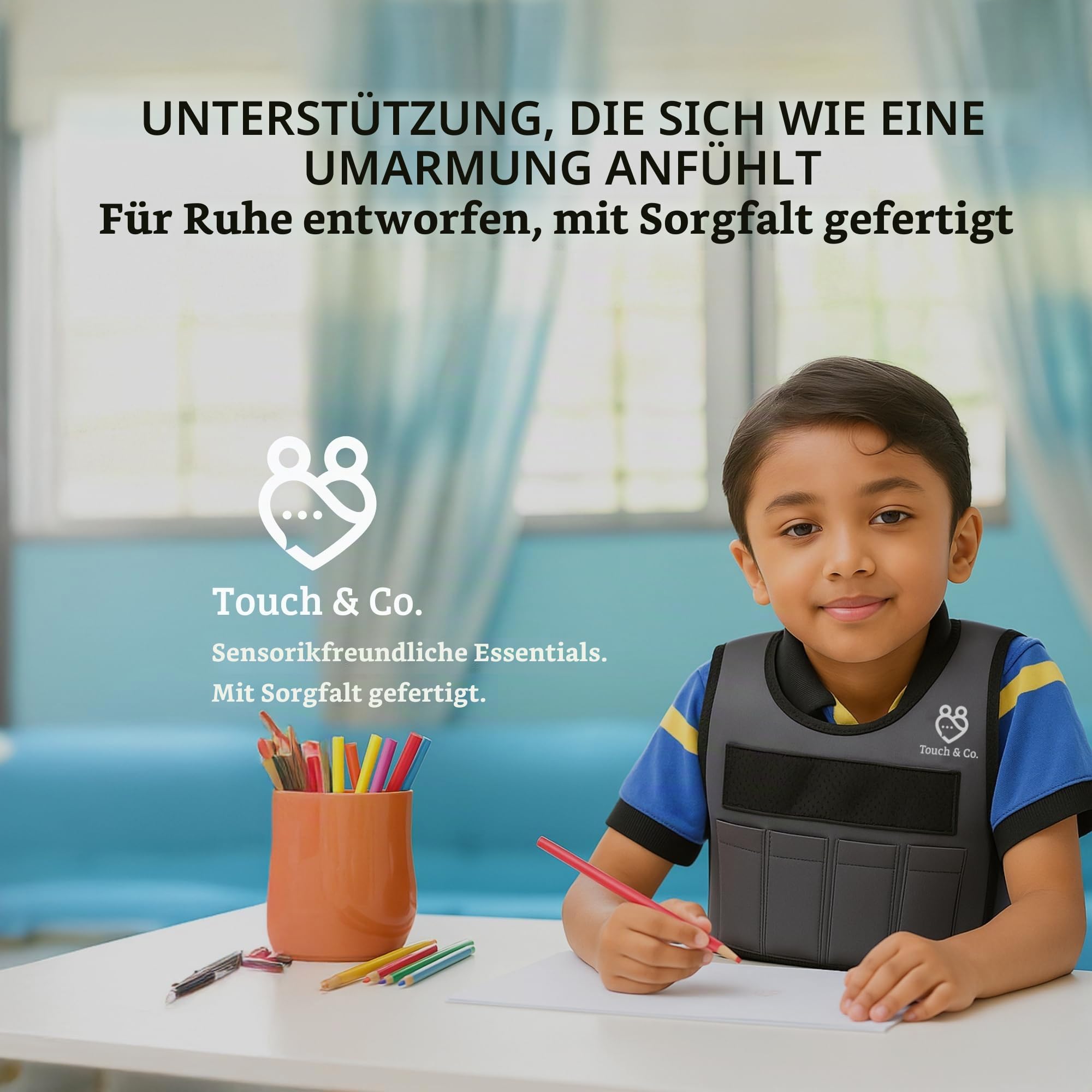 Touch & Co. Gewichtsweste für Kinder – voll verstellbare sensorische Kompressionsweste für Kinder – inklusive 0,9 kg abnehmbaren Gewichten – atmungsaktives, waschbares, geruchsfreies Neopren