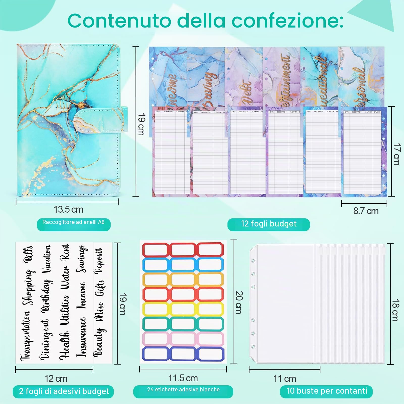 Raccoglitore ad Anelli A6 Budget Binder Pianificatore Risparmio Soldi con Buste e Fogli Bilancio Verde