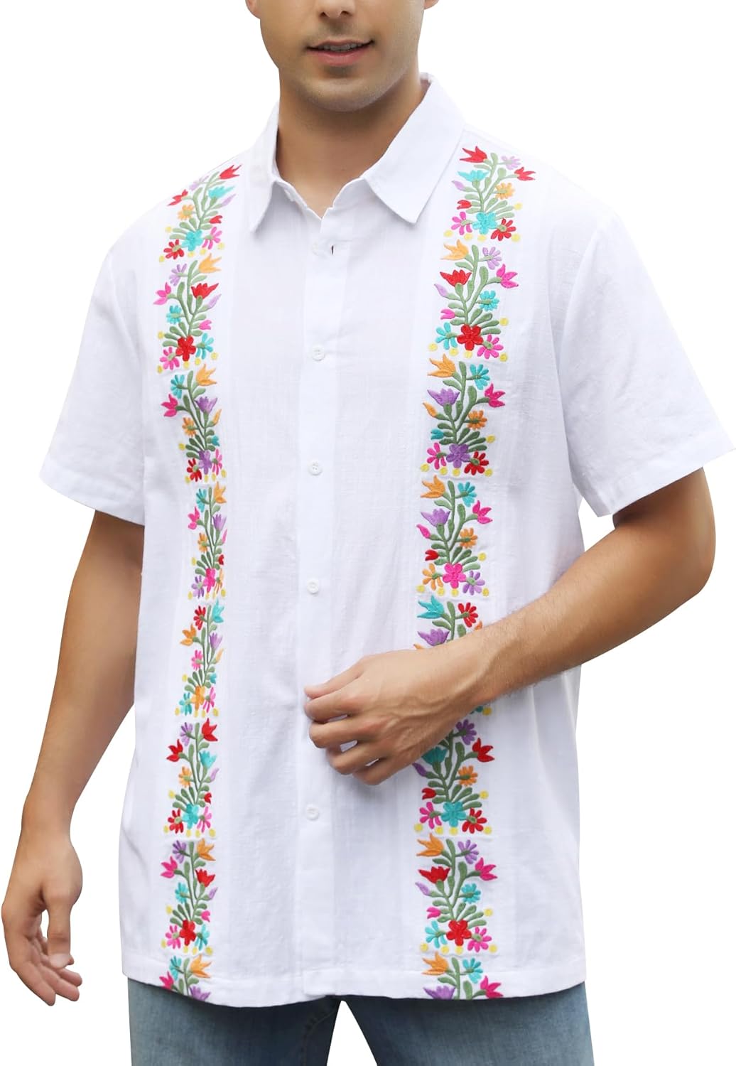 Mexican Shirts for Men Guayabera Embroidered Traditional Fiesta Button Up Collared Short Sleeve Shirt