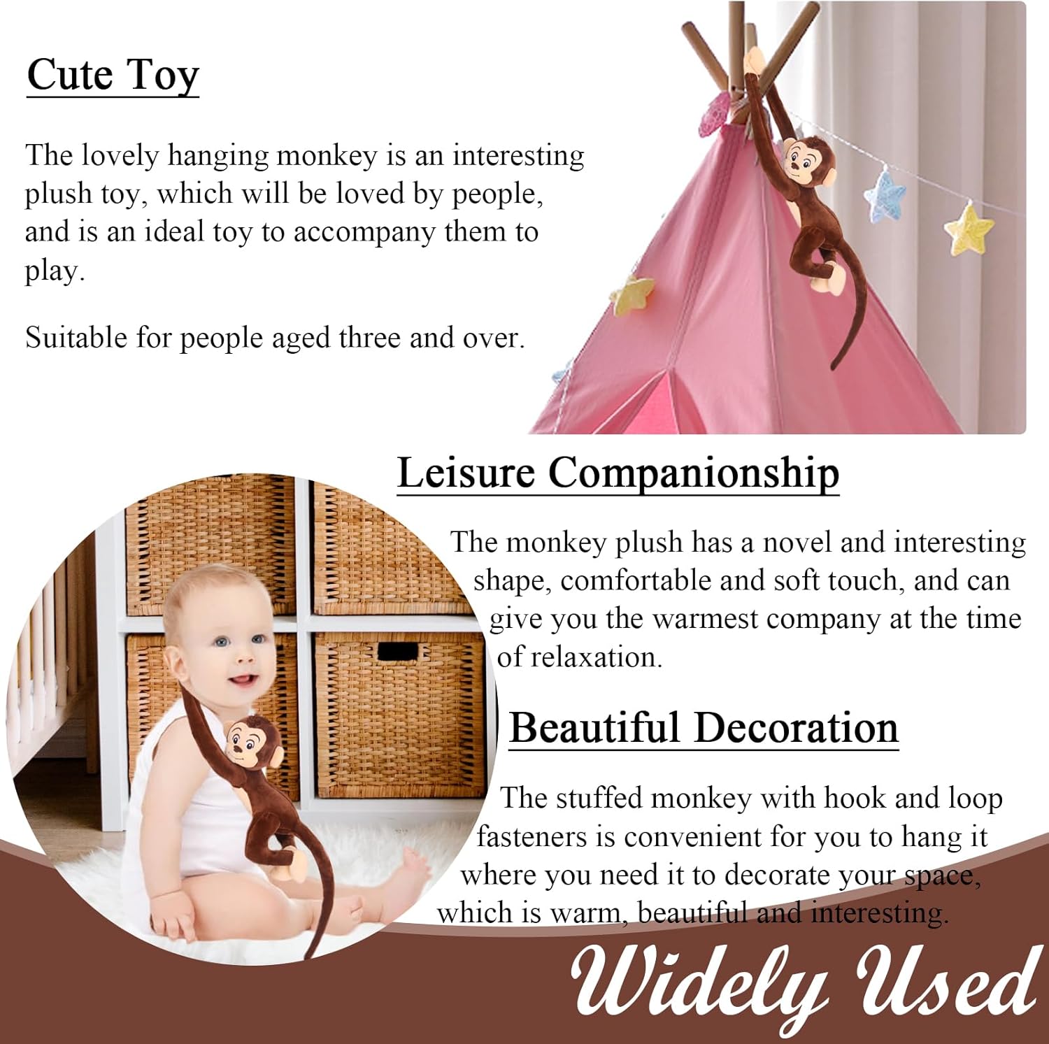 zhidiloveyou 4PCS Hanging Monkey Stuffed Animals Plush Cute Brown Monkey Toy for Kids, 27.6"