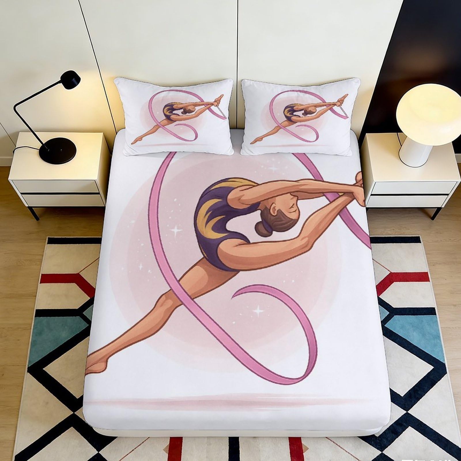 Pnayamiorkfel Style-6 3D Printed Gymnast Ribbon Fitted Sheet Microfiber Soft Decorative Athlete Bed Cover For Bedroom Dorm Living Room 90X200x25cm