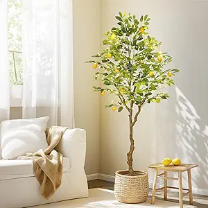 GarveeHome 6FT Artificial Lemon Tree Indoor, Pre Potted Faux Lemon Tree with Realistic Fruit and Lifelike Leaves, Fake Lemom Plant with 100 Lights for Indoor Home Decor Office Living Room