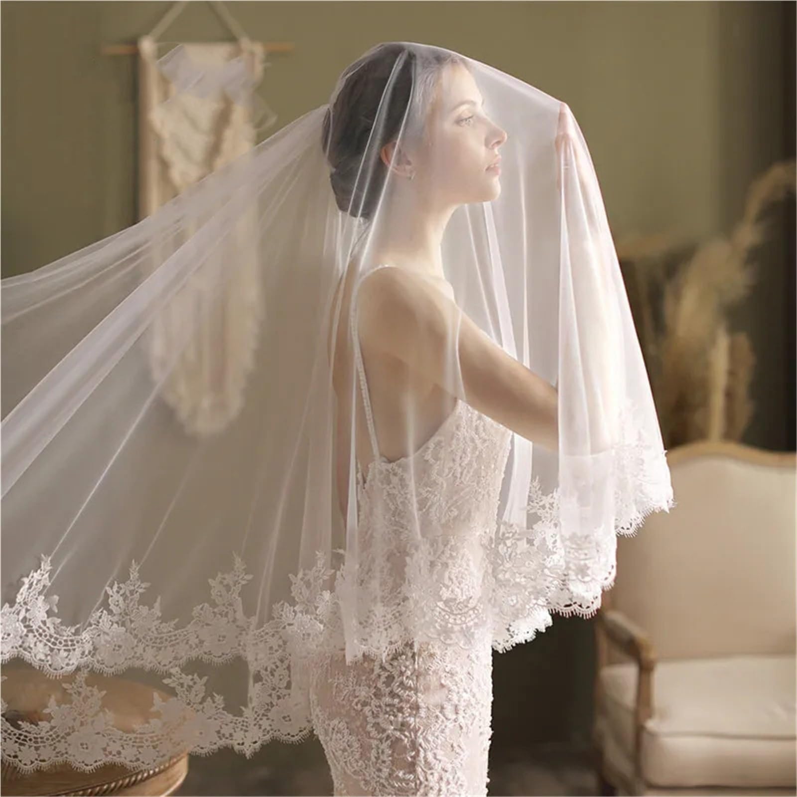 Hochzeitsschleier for Frauen, Brauthaarschmuck, Verlobung, handgefertigter, applizierter 2-lagiger Schleier mit Randkante, elegantes Brautaccessoire