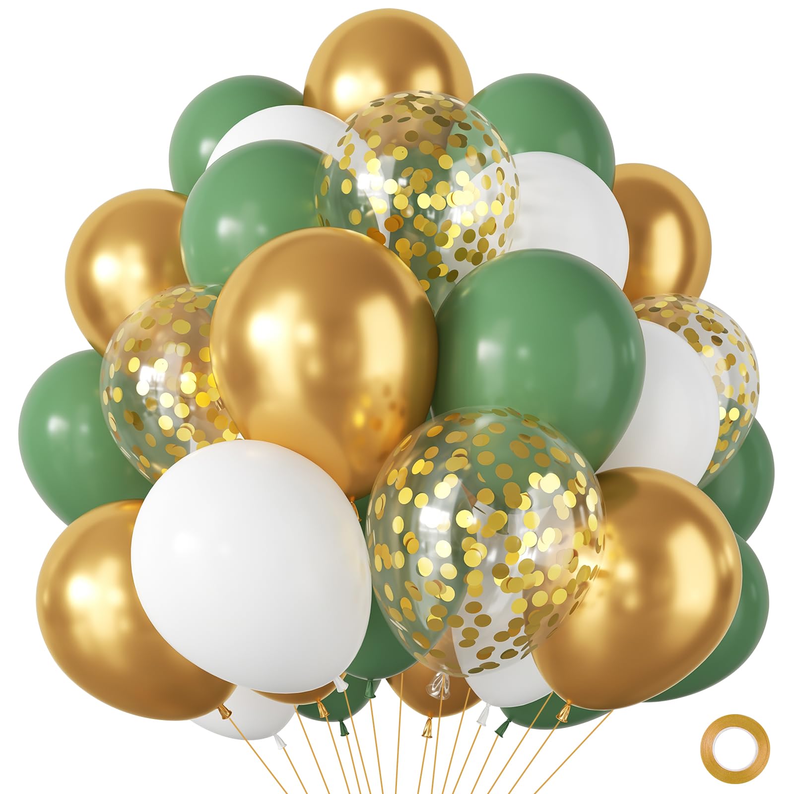 100Pcs Sage Green And Gold Balloons -White Gold And Olive Green Balloons With Metallic Confetti Ballons, Helium Balloon For Baby Shower Decorations Birthday Jungle Party Decorations Wedding, 12Inch โ image 1