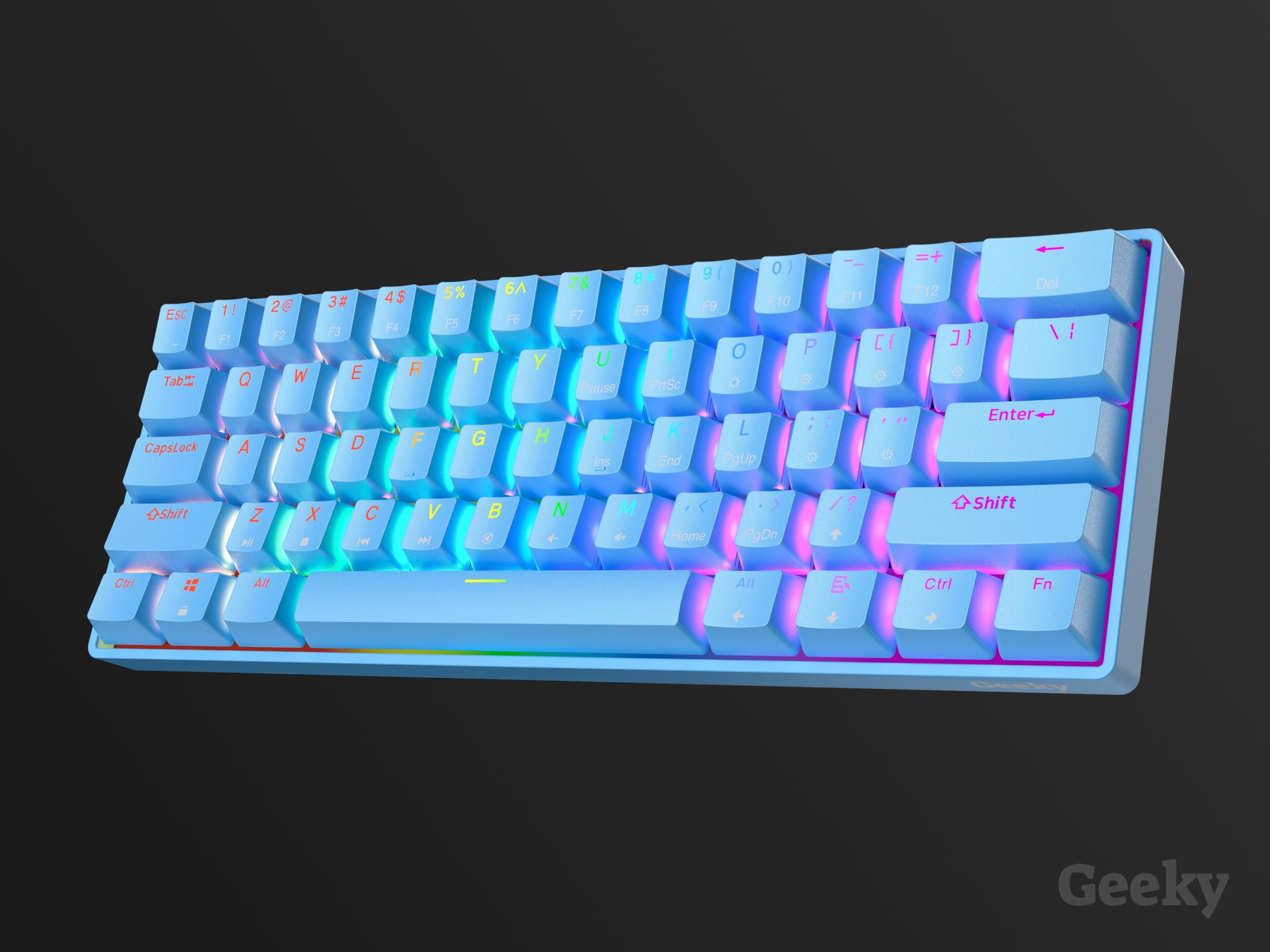 Geeky GK61 60% | Hot Swappable Mechanical Gaming Keyboard | 61 Keys Multi Color RGB LED Backlit for PC/Mac Gamer | ANSI US American Layout (Blue, Mechanical Speed Silver) — view 9
