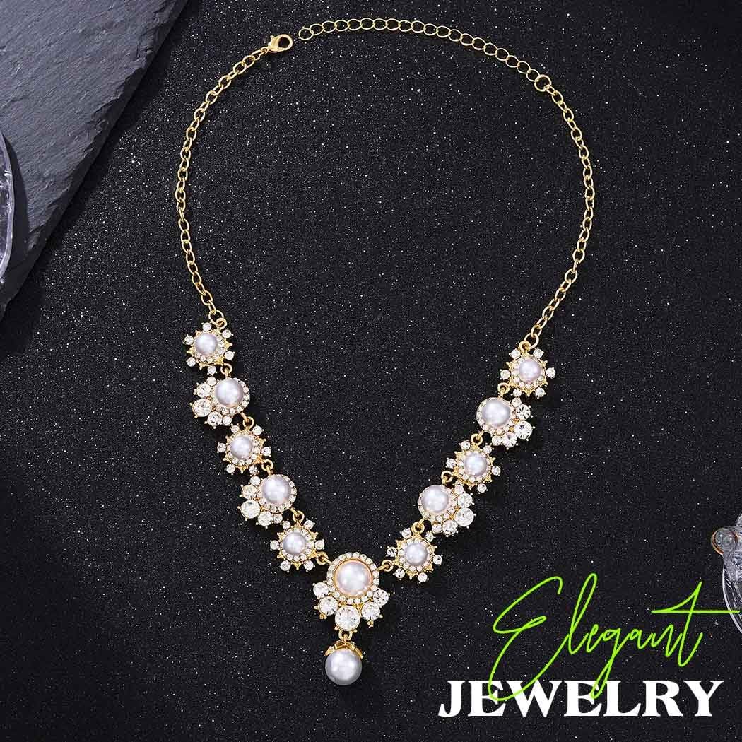 JEAIRTS Pearl Necklace Earrings Set Gold Crystal Bridal Wedding Jewelry Sets for Women - Image 2