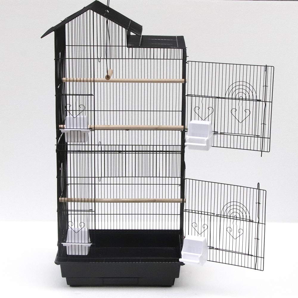 Jaula para pájaros, 4 ruedas giratorias, jaula grande de metal para pájaros, soporte desmontable, claraboya abierta, 46 x 35,5 x 158,5 cm, color negro