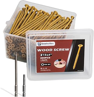 GOOBETTER 4 Inch Wood Screws 200pcs #10x4 Deck Fence Screws, Rust-Resistant Torx Exterior Screws with 2 T25 Bits Yellow