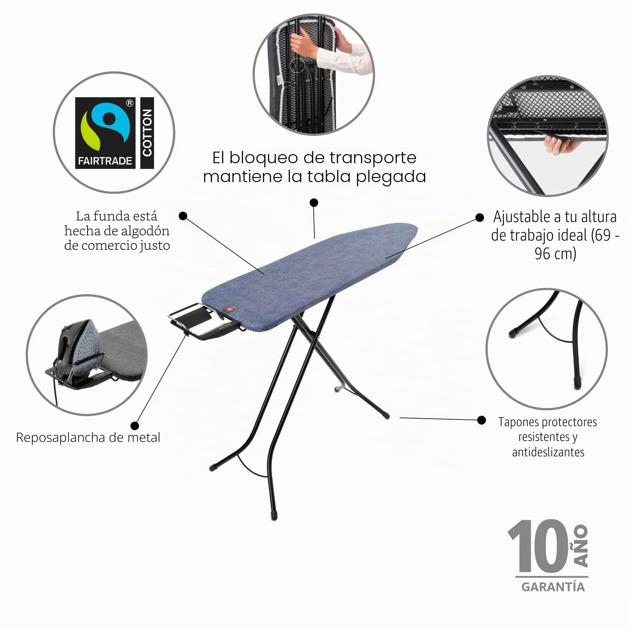 Brabantia - Mesa de Planchar B - para Plancha de Vapor - Universal Ajustable - para Diestros y Zurdos - No se Desliza y No Araña - Plegable - Azul (Denim Blue) - 124x38 cm