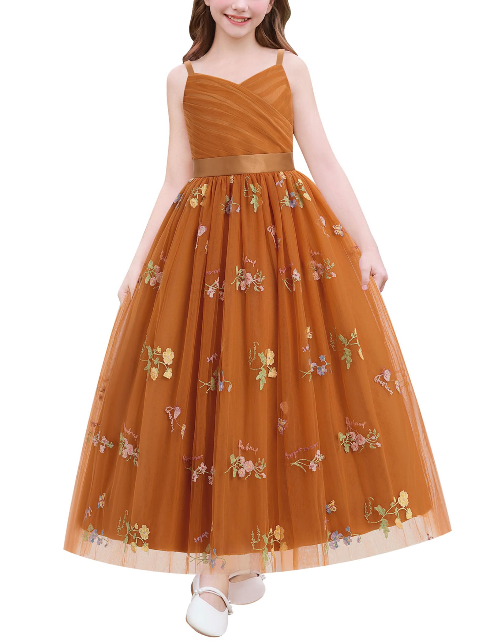Odizli Blumenmädchenkleider Spaghettiträger V-Ausschnitt Prinzessin A-Linie Tüllkleid Festlich Hochzeit Lang Ballkleid