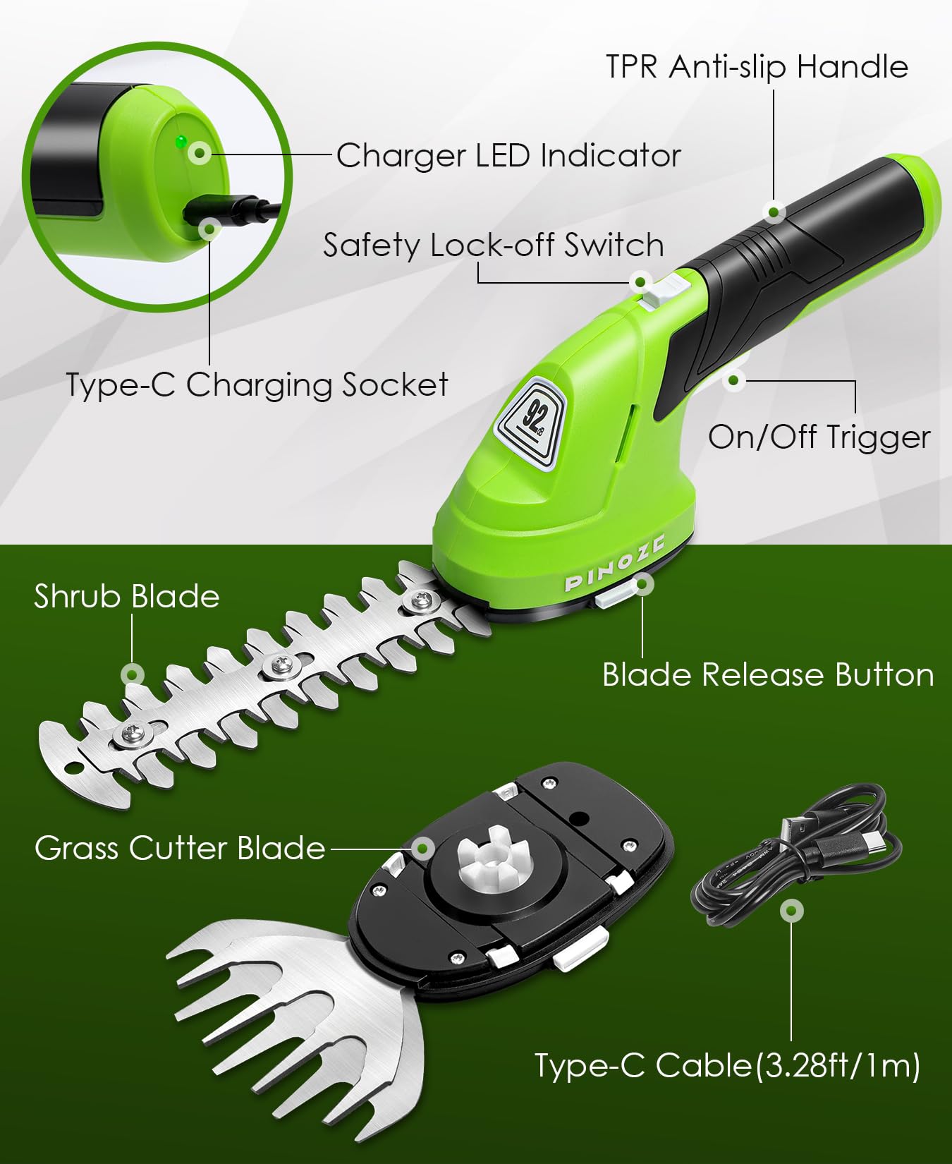 PINOZE Cisaille à gazon et taille-haie sans fil – 2 en 1 portable 7,2 V, petit taille-buisson électrique, 2,0 Ah alimenté par batterie rechargeable pour jardin, cour, entretien de pelouse