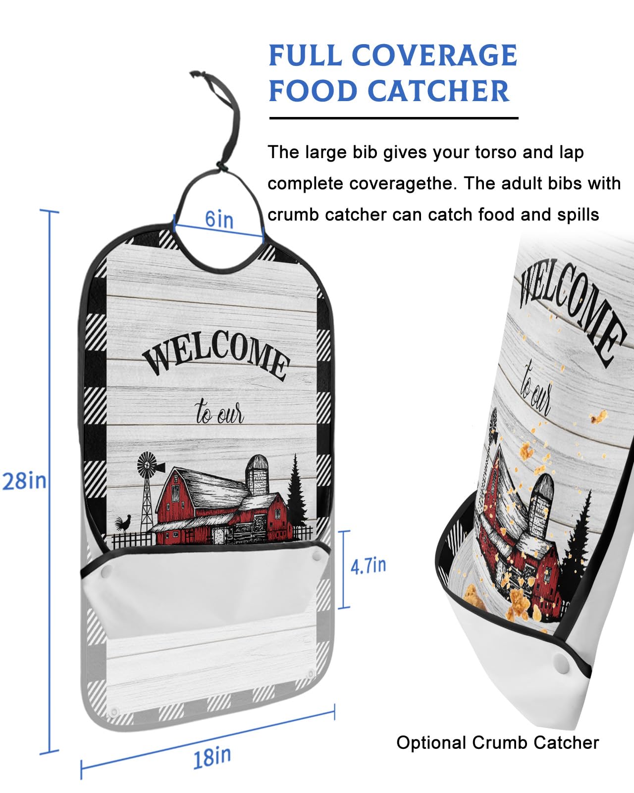 Jolunifun Farmhouse Barn Adult Bib for Adults Men, Women, Washable & Adjustable Terry Cloth Bib with Crumb Catcher Reusable Waterproof Clothing Clothes Protector Apron Rustic Rooster Wood Grain