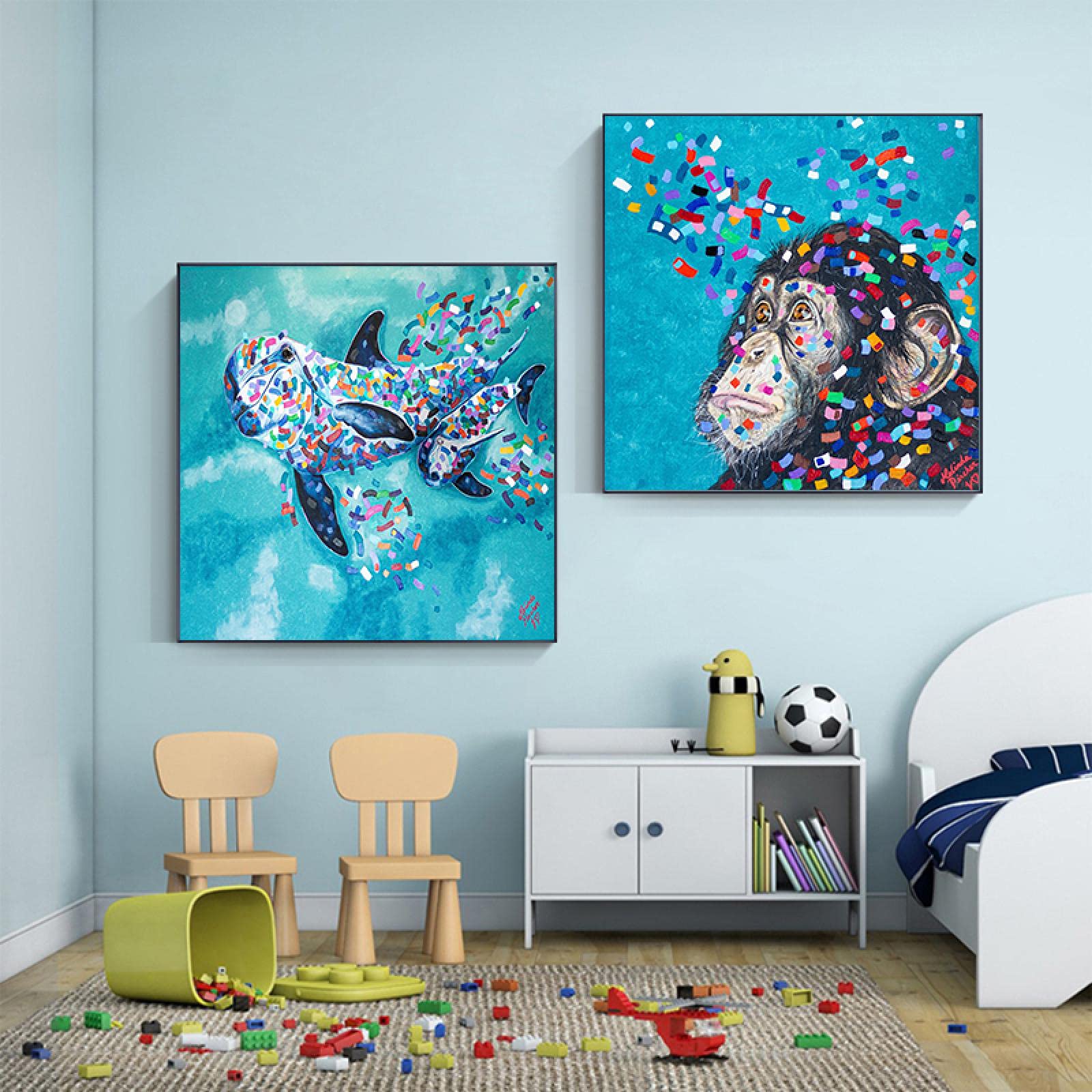 Amazon｜キャンバスに印刷された絵画 インテリアな青い絵動物の