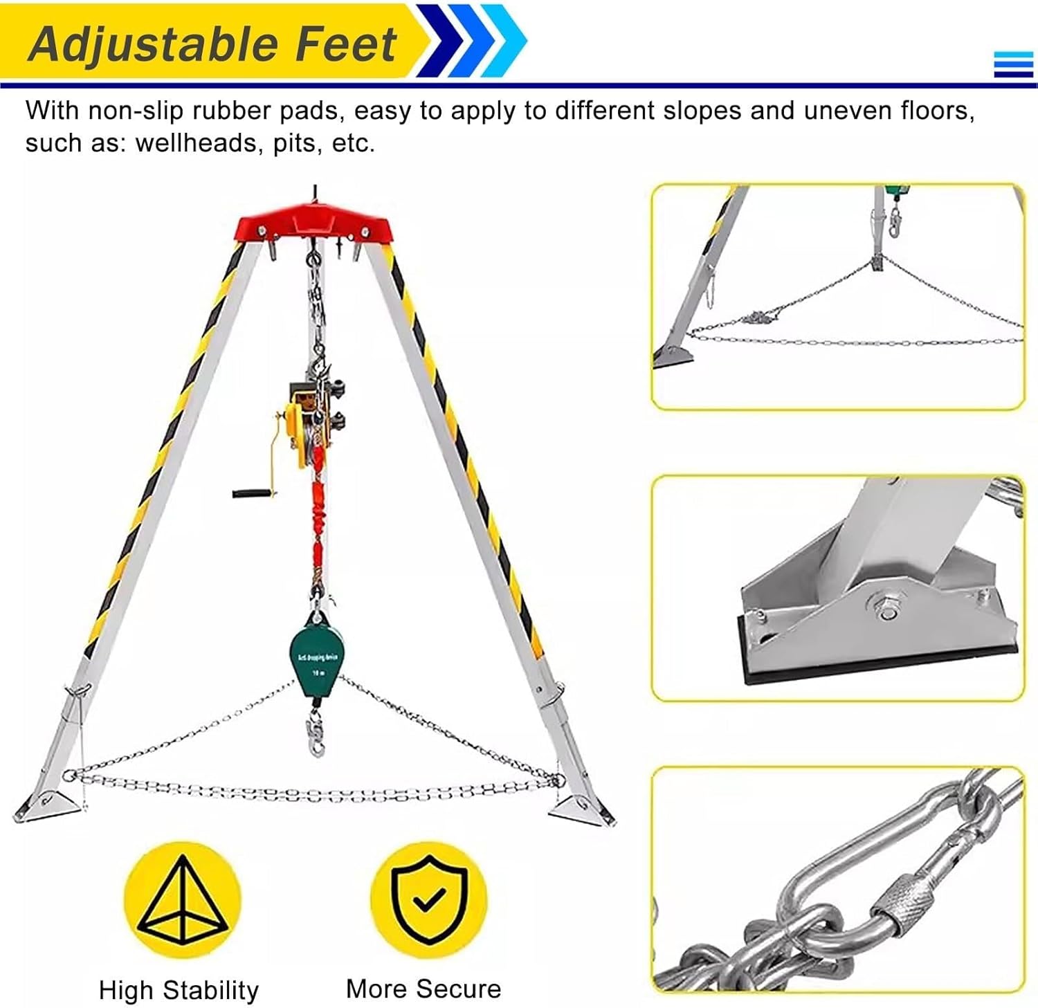 Fall Arrest Kits,Road Rescue Tripod Kit, Adjustable Confined Space Rescue Rope System, for Deep Well Rescue/Sewer Cleaning/Pipe Repair, with Fall Protector & Safe Belt, Heavy Duty Aluminum(