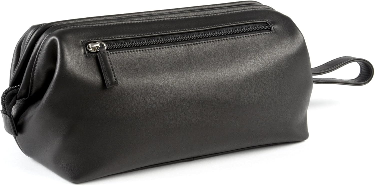 Leatherology Black Onyx Framed Toiletry Bag – Full Grain Leather Dopp Kit for Men with Wide-Mouth Opening, Interior & Exterior Zippered Pockets, Water-Resistant Lining