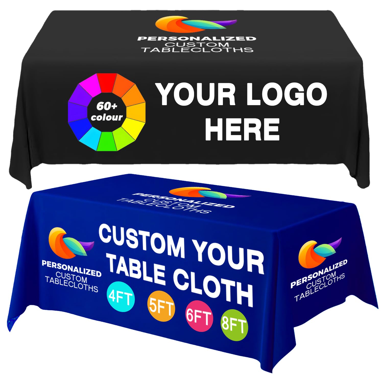 Raxovylz Custom Table Cloth with Business Logo - Ships Next Day, for Tradeshow Events Birthday Wedding Anniversary Tradeshow, 4 Sizes, Custom Table