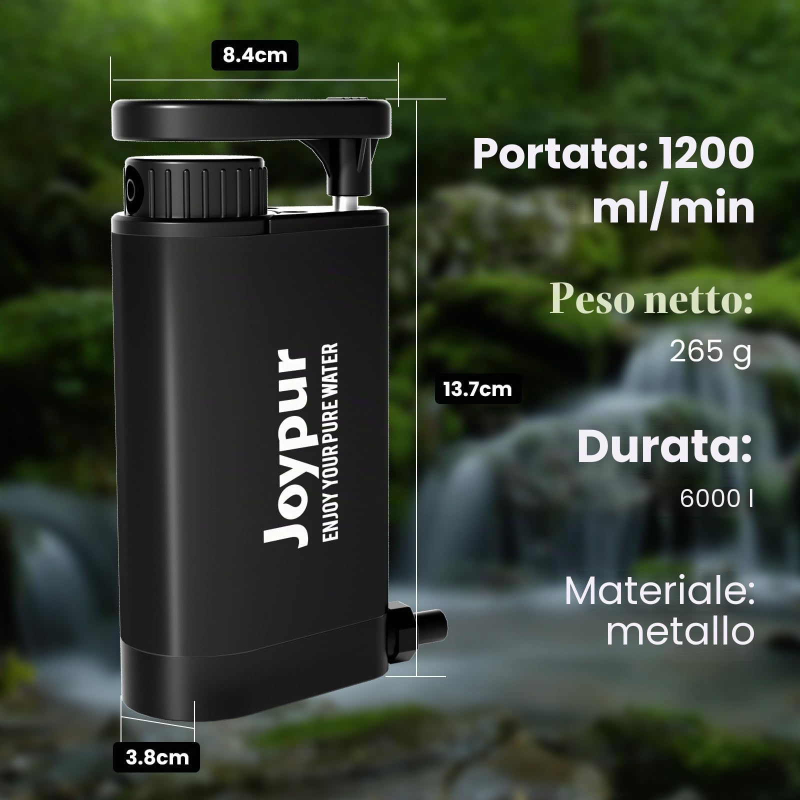 Filtro dell'acqua per esterni di sopravvivenza – Filtro acqua potabile in metallo con capacità di filtro da 6000 l depuratore d'acqua portatile per campeggio escursioni emergenze ecc. (Nero)