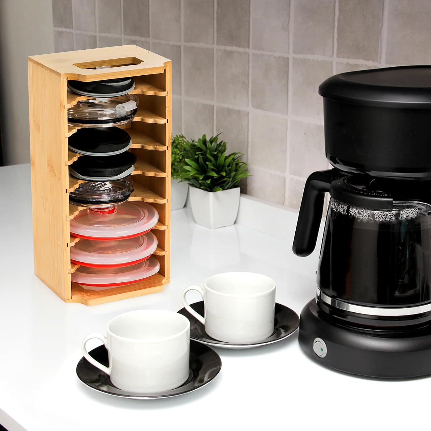 ZEAYEA 8 Tier Tumbler Lid Organizer, Adjustable Bamboo Cup Lid Organizer, Water Bottle Lid Storage Holder for Kitchen Countertop Cabinet Cupboard Organization