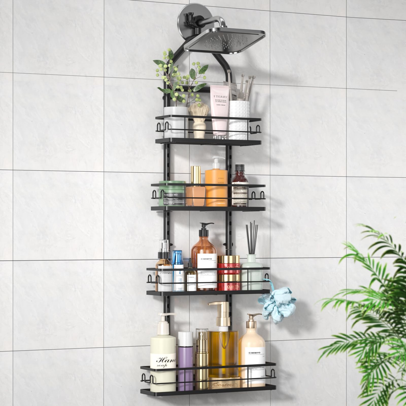 XDMsuxd Shower Caddy Hanging Rustproof 4 Tier Adjustable Hanging Shower Caddy Over Showerhead No Drilling Handing Shower Racks