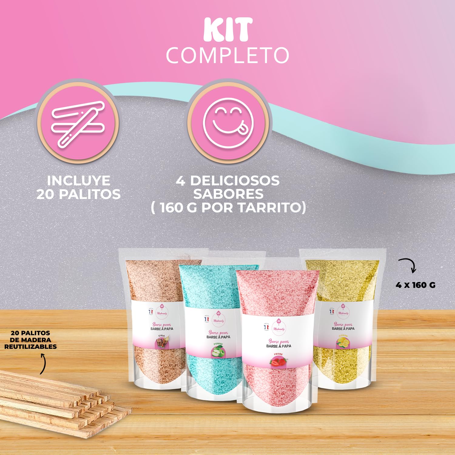 Misskandy® algodón de azúcar para máquina- Pack de 4 * 160Gr - (Sabores Naturales): Sabores: Fresa/Manzana/Cola/Limón + 50 palitos (gratis)