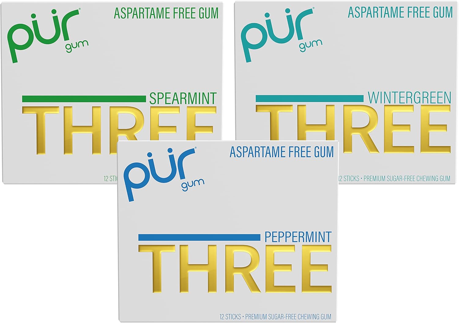 PUR THREE Aspartame Free Chewing Gum 100 Xylitol Sugar Free