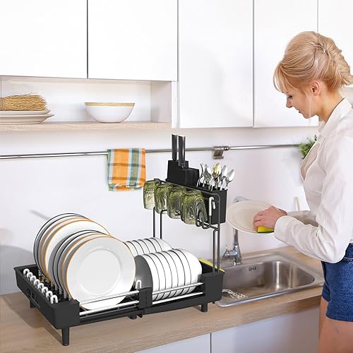 Miniatura 3 de Ollieroo Escurridor de platos, resistente al óxido para encimera de cocina con soporte extraíble para utensilios, ranuras para cuchillos y soporte