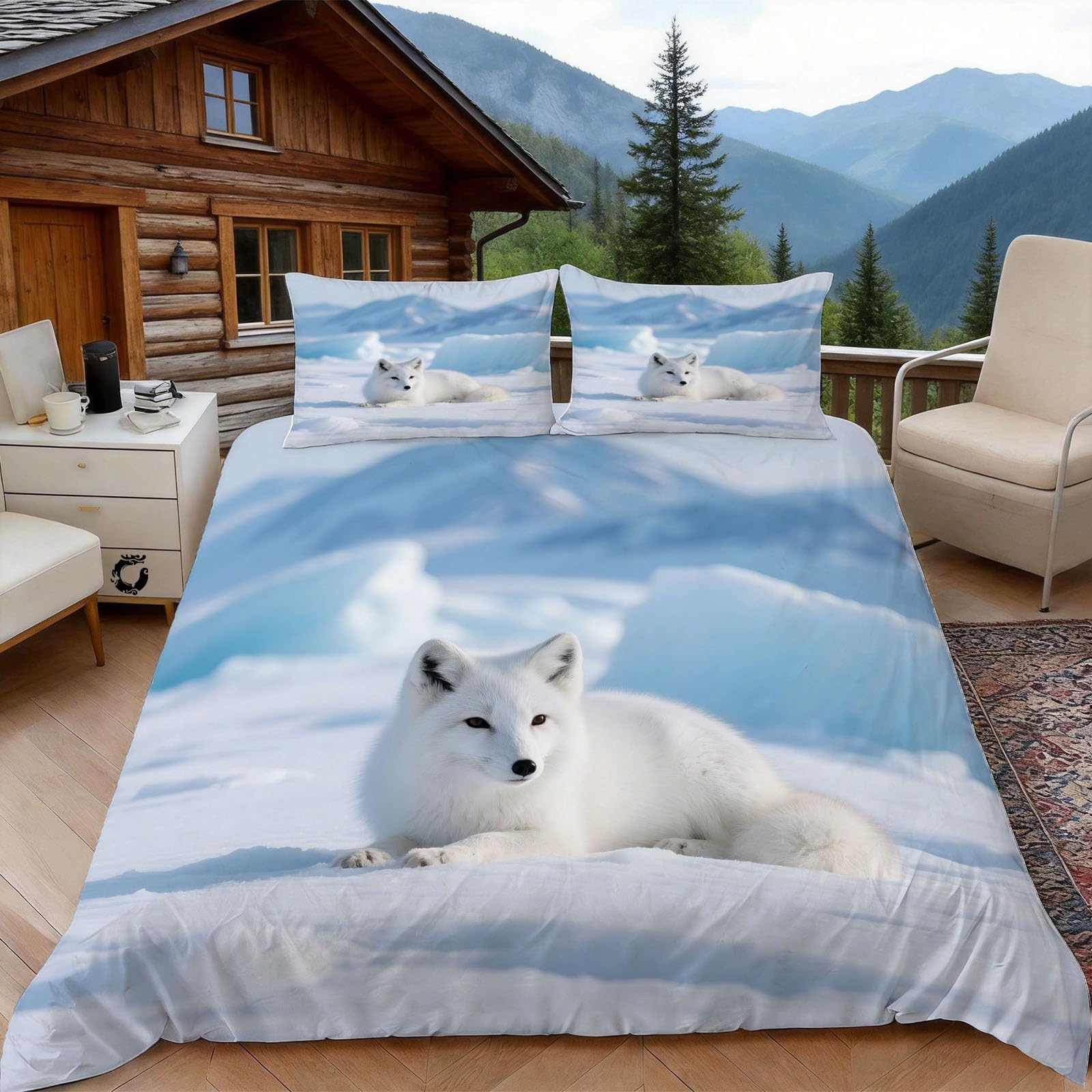Housse de couette 200x200 renard blanc parure lit thème nature cadeau idéal