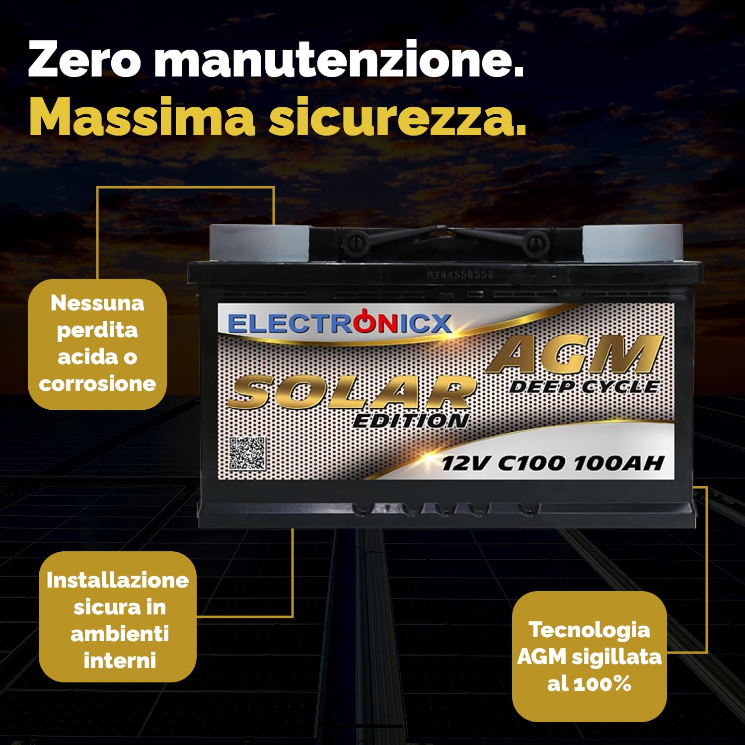 Electronicx batteria di alimentazione AGM SOLAR 12V 100Ah / 100 Ah deep cycle sigillata senza manutenzione, polo positivo a destra – batteria solare fotovoltaica 278×175×190mm per tempo libero