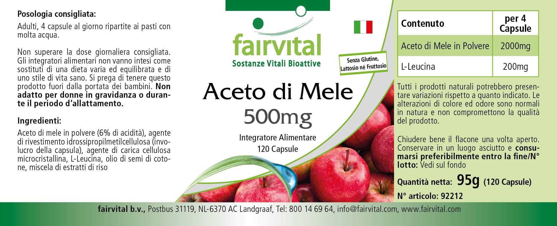 Cápsulas de vinagre de manzana, 120 cápsulas, 500mg, veganas, alta dosis