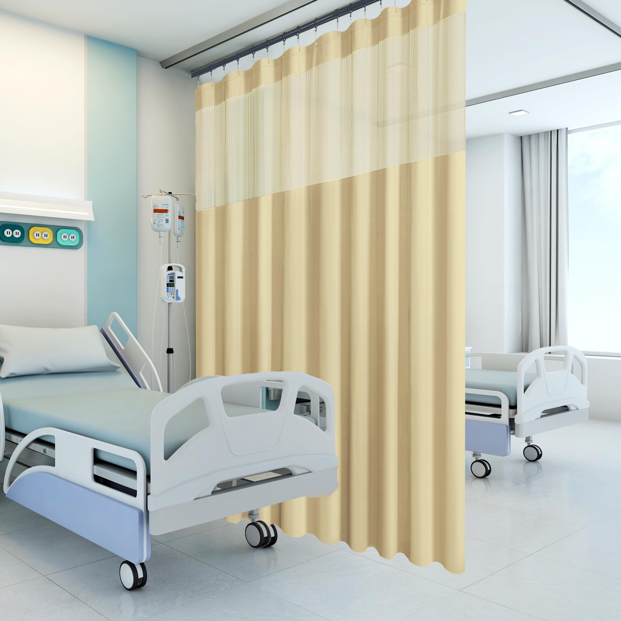 Schwer entflammbare Krankenhausvorhänge, Raumteiler, Ösenvorhänge, Trennwand für Krankenhaus, medizinische Klinik, Labor, Schule (1 Bahn, 2,4 x 2,4 m, Beige)