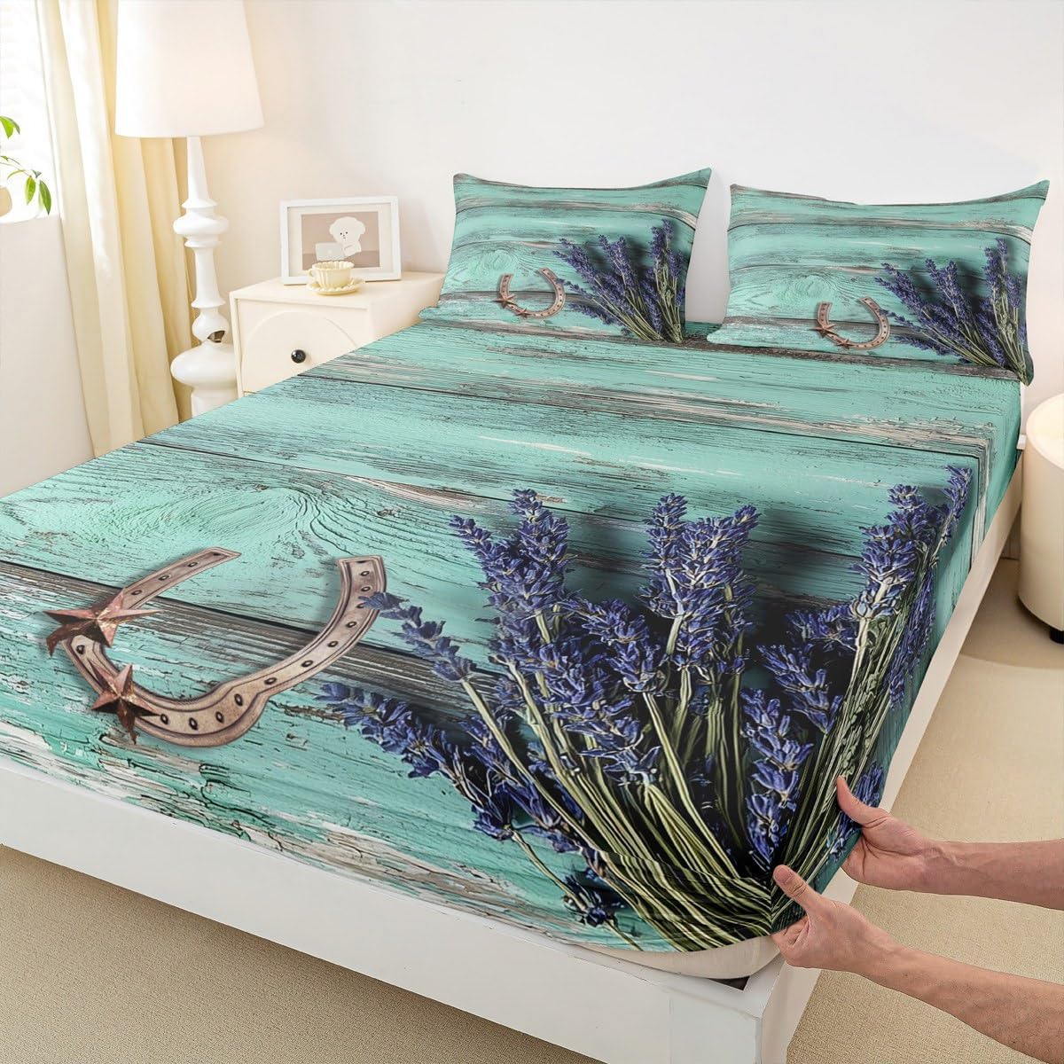 Western Sheet Set Farmhouse Texas Stars Horseshoe Bedding Sheets Queen Teal Rustic Wooden Barn Door Lavender Bed Sheets For Cabin Lodge,Cowboy Cowgirls Fitted Sheet + Flat Sheet + 2 Pillow Cases