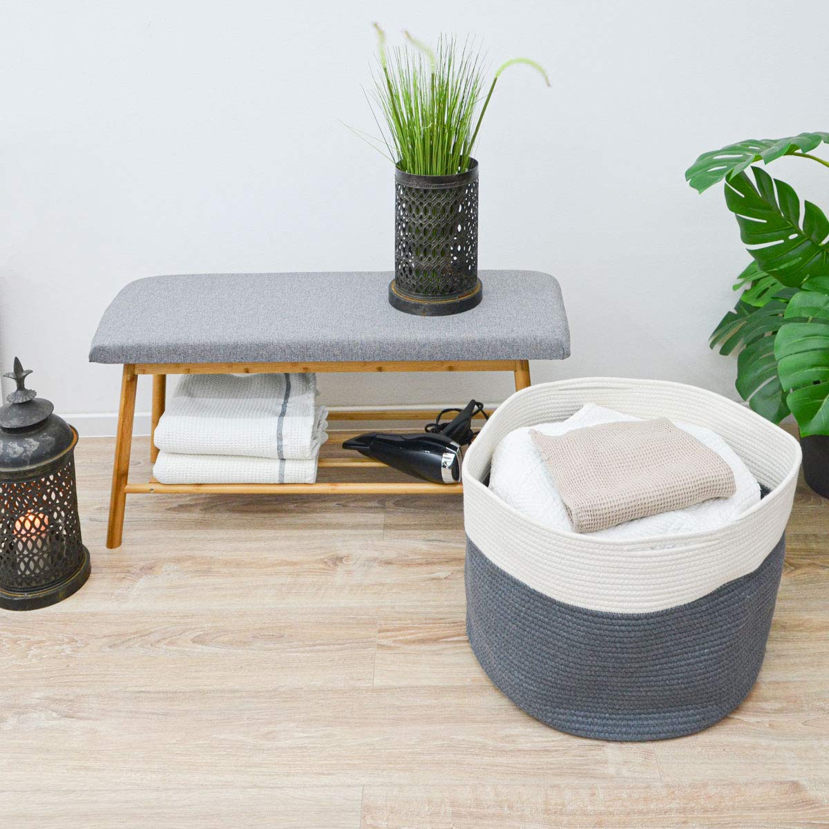 Grand Panier En Osier Rond Avec Doublure Tissu Vichy – Idéal Pour Linge Ou Jouets (H 53 Cm, D 51 Cm)